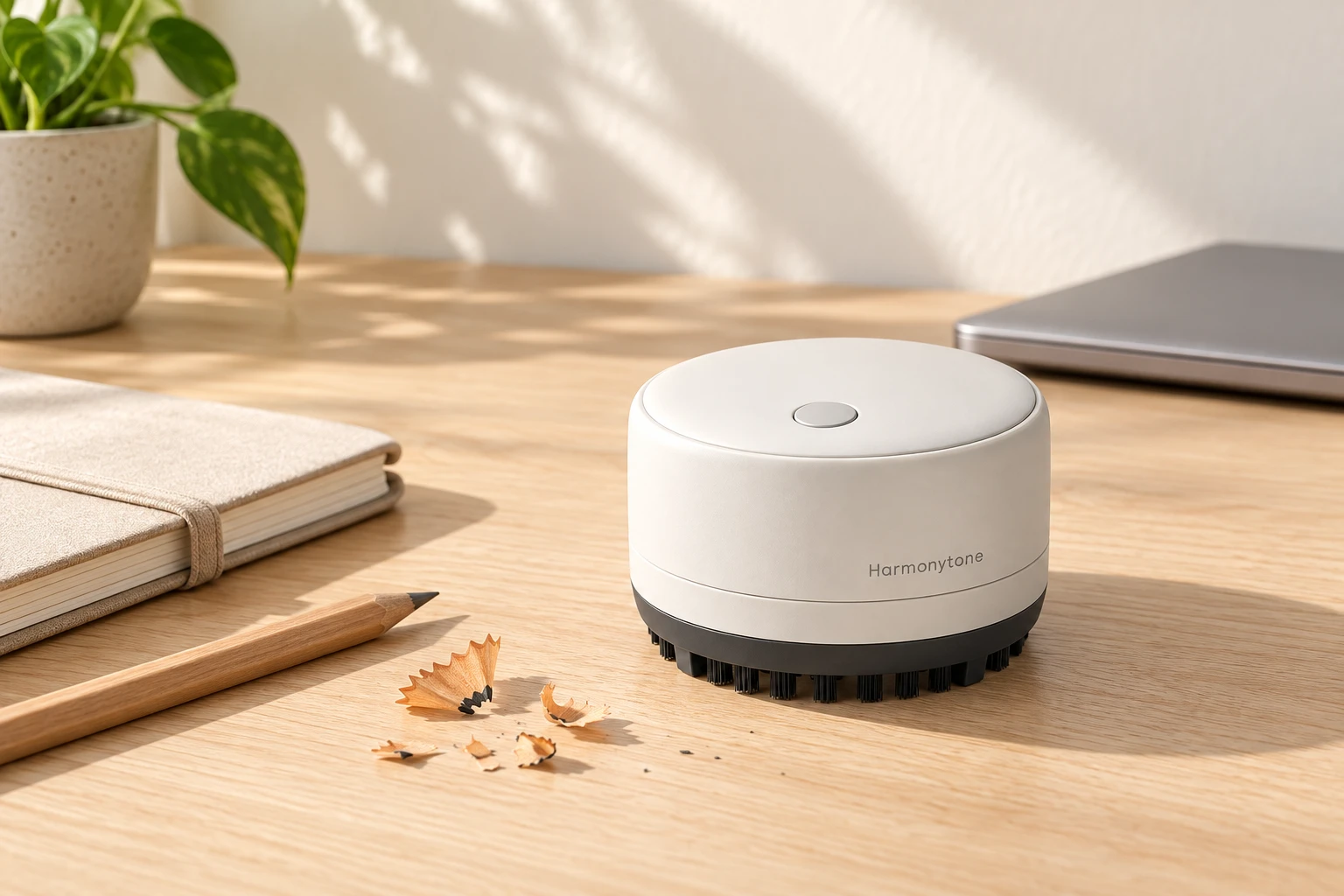 A Harmonytone desktop vacuum in a thoughtfully arranged workspace